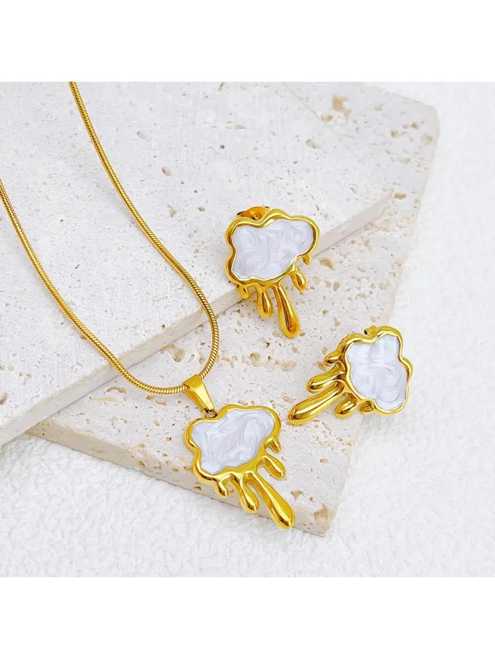 White drippy cloud - Necklace/Earring set - Gold - 18"